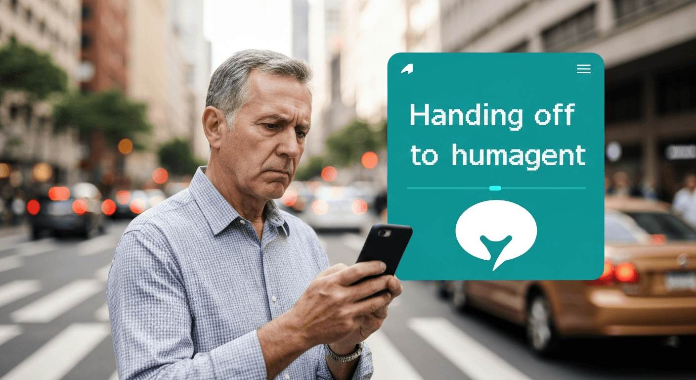 A human hand and a digital hand exchanging control, illustrating the voice agent handoff problem.