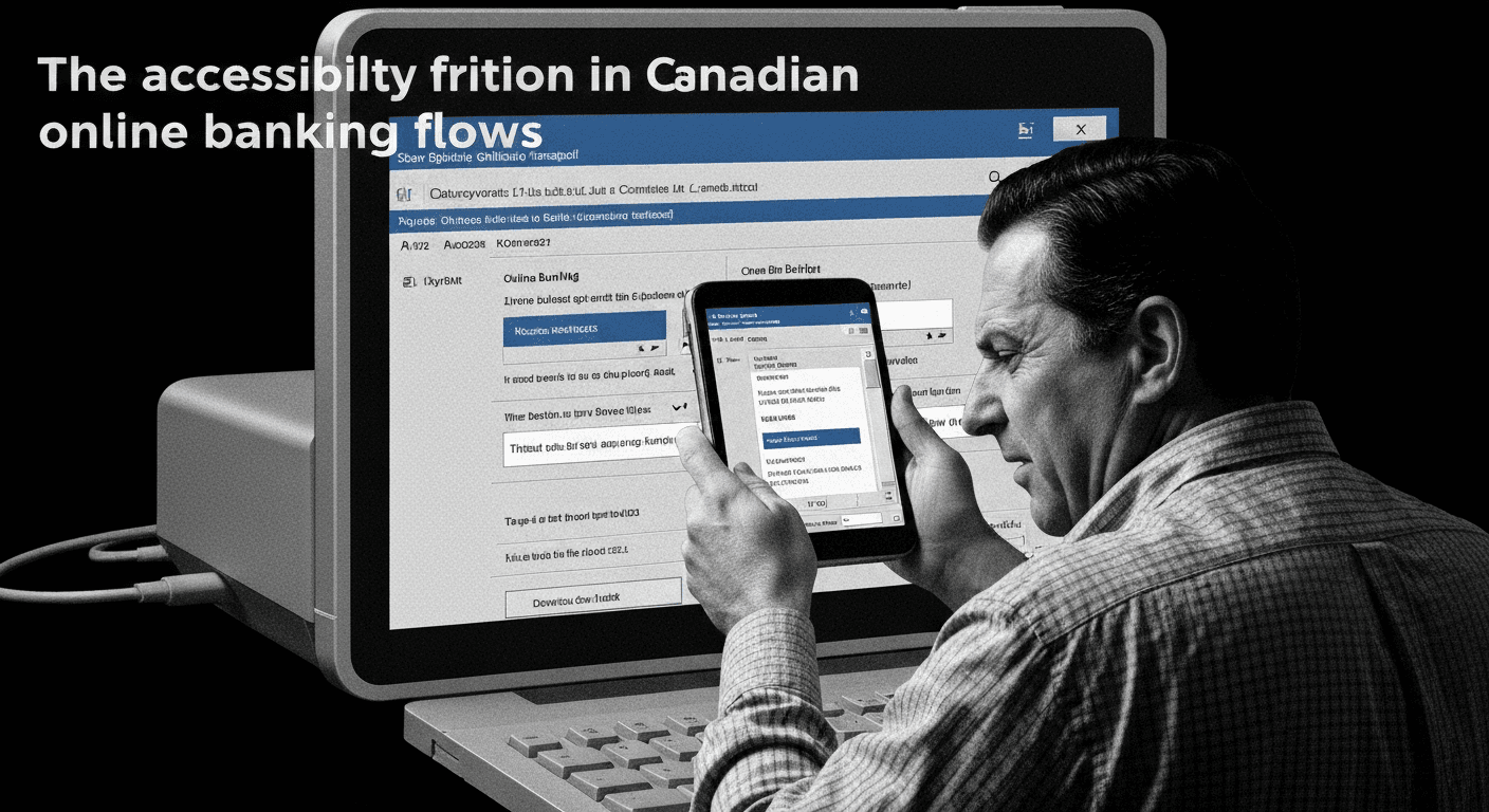 Digital screen showing banking elements, representing accessibility friction in Canadian online banking flows.
